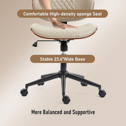 Modern Walnut Home Office Chair, Executive Desk Chair No Arms Beige | with Wheels, Adjustable Height, Comfy PU, Deeper Cushion, Mid Back, 360 Swivel Computer Chair - color: Beige