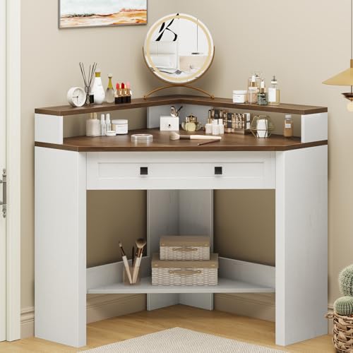Small Corner Desk, Triangle Computer Desk for Small Space, Rustic White | 31.5" Corner Desk with Drawer and Monitor Stand, Farmhouse Computer Desk with Storage Shelf for Home Office, Living Room
