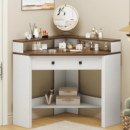 Small Corner Desk, Triangle Computer Desk for Small Space, Rustic White | 31.5" Corner Desk with Drawer and Monitor Stand, Farmhouse Computer Desk with Storage Shelf for Home Office, Living Room