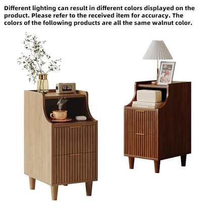 Narrow Nightstand Set of 2,11.8" Fluted Bedside Table Set of 2, Slim Side End Table with 2 Drawers, Wooden Bedside Table, Mid Century Modern Night Stand for Bedroom Livingroom Sofa Office - color: Walnut,11.8" With 2 Drawers