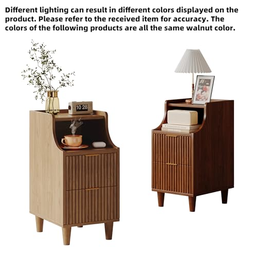 11.8" Narrow Fluted Nightstand Set of 2,Slim Side End Table with 2 Drawers,Mid-Century Modern Bedside Table,Skinny Night Stand for Bedroom, Small Space - color: Walnut