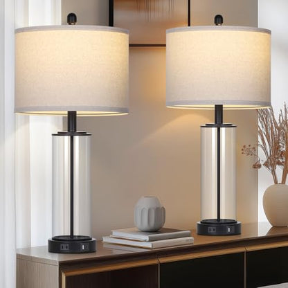 26" Black Glass Table Lamps Set of 2, 3-Way Dimmable Touch Control Living Room Lamp with USB C+A Ports & AC Outlet, Modern Bedside Lamps, Elegant Bedroom Lamps for Nightstand Side End Table Desk - color: Black1