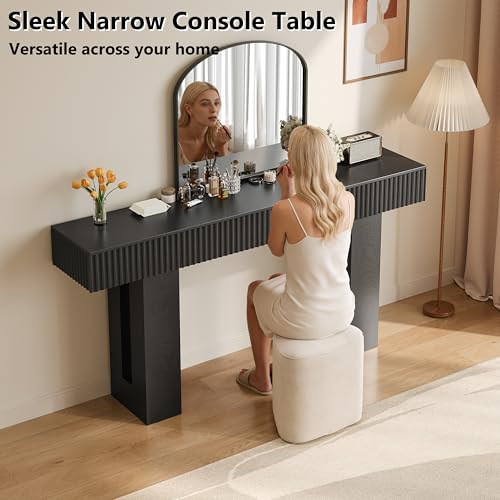 63-Inch Long Entryway Console Table with a Fluted Design, Thick Wood Farmhouse Sofa Table Behind Couch, Narrow Hallway Accent Table for Living Room, Foyer, Entrance, Modern Black - color: Black, size: 63 Inch
