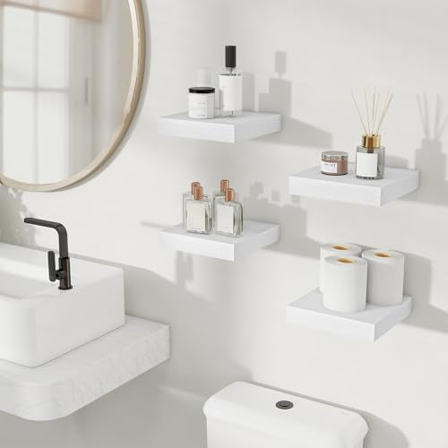 Fun Memories Floating Shelves for Wall, 8 Inch Set of 4 Rustic Wood Wall Shelves with Invisible Brackets, Heavy Duty Storage Display for Bathroom Bedroom Living Room Kitchen, White - color: White, size: 8"D x 8"L - 2Pack