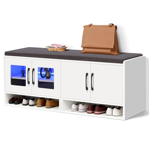 Shoe Bench with Thickened Cushion,Entrance Bench with Glass Door and Ambient Light,Three-Layer Shoe Rack,Color Changing Light Strip, Two Large Storage Spaces,Living Room,Bedroom,White