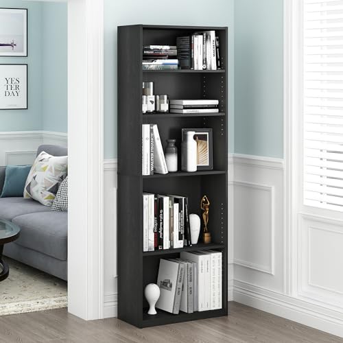 Furinno Jaya Book Shelf Set of 2, 5-Tier Bookshelf, Bookcase, with Adjustable Shelf, 9.5 x 24.5 x 71, for Home Office, Living Room, Black - color: Blackwood, size: Set of 2, 5-Tier