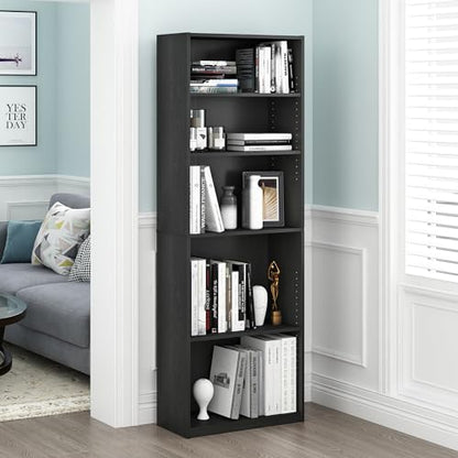 Furinno Jaya Book Shelf Set of 2, 5-Tier Bookshelf, Bookcase, with Adjustable Shelf, 9.5 x 24.5 x 71, for Home Office, Living Room, Black - color: Blackwood, size: Set of 2, 5-Tier