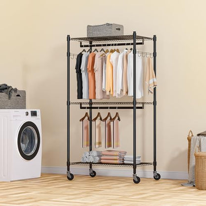 Homdox Heavy Duty Clothing Rack with 3 Tier Adjustable Wire Shelves, Garment Racks for Hanging Clothes, Double Rods Clothing Rack, Freestanding Closet Wardrobe with Side Hooks, Black - color: Black, size: 16.54"D x 23.62"W x 80.71"H