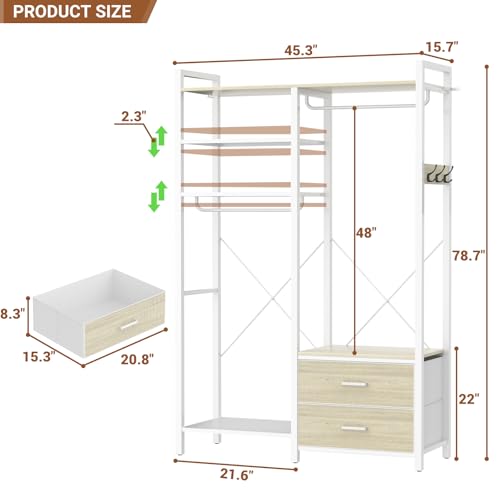 78.7'' Clothes Rack for Hanging Clothes - Reversible Clothing Rack with 2 Drawers, Heavy Duty Garment Racks with Shelves, 6 Tiers Freestanding Closet Wardrobe System with Hanging Hooks, White Oak - color: White Oak, size: 45.3"W