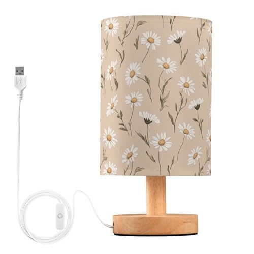 Fustylead Daisy Flower White and Tan Bedside Table Lamps with USB Port for Bedroom Lamp Accent Table Lamp Small Nightstand Lamp Sturdy Linen Shade Wooden Decorative Lamps for Office Dorm Home - color: Daisy Flower