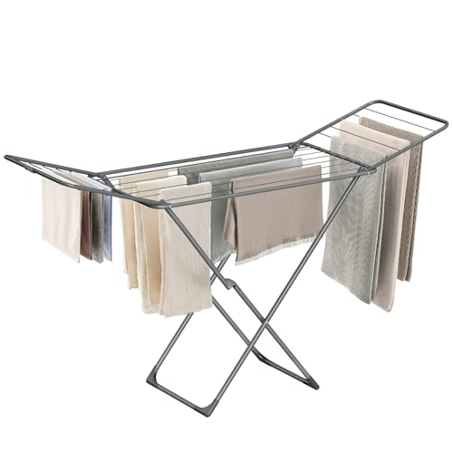 SONGMICS Clothes Drying Rack, Metal Laundry Drying Rack, Foldable, Space-Saving, Free-Standing Airer, with 2 Gullwings, Indoor Outdoor Use, Bed Linen Clothing, Gray ULLR540G01 - color: Gray, style: 2 Gullwings（19.7"D)