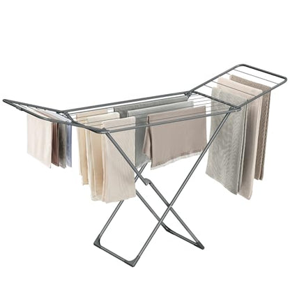 SONGMICS Clothes Drying Rack, Metal Laundry Drying Rack, Foldable, Space-Saving, Free-Standing Airer, with 2 Gullwings, Indoor Outdoor Use, Bed Linen Clothing, Gray ULLR540G01 - color: Gray, style: 2 Gullwings（19.7"D)
