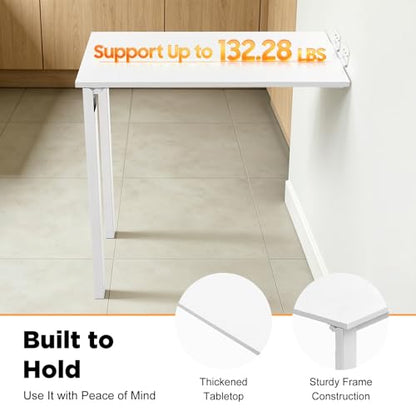 Folding Wall Mounted Table with Legs, 29"×15" Drop Leaf Desk (White) | For Home Office Kitchens Balconies Small Apartments; Saving Space, Heavy Duty Solid Wood Multi-layer Boards, Easy to Install