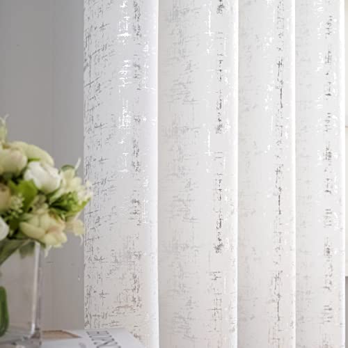 Taisier Home Silver Foil Print Linen Textured Curtains Geometric Dots Pattern Design Curtains for Nursery Toy Room Thermal Insulated Window Treatment 2 Panels 54" L,White and Silver Drapes Print - color: White/Silver, size: 52"W x 54"L (Pack of 2)