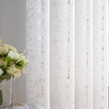 Taisier Home Silver Foil Print Linen Textured Curtains Geometric Dots Pattern Design Curtains for Nursery Toy Room Thermal Insulated Window Treatment 2 Panels 45" L,White and Silver Drapes Print - color: White/Silver, size: 52"W x 45"L (Pack of 2)
