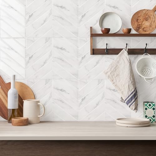 STICKGOO Herringbone Peel and Stick Backsplash, White Marble, 10 Sheets | 12.6 x 9.7 in, Thicker Rectangular Vinyl Stick-On Wall Tiles, Easy Alignment, Waterproof, Easy to Clean, Kitchen/Bathroom - color: White Marble, size: Pack of 10