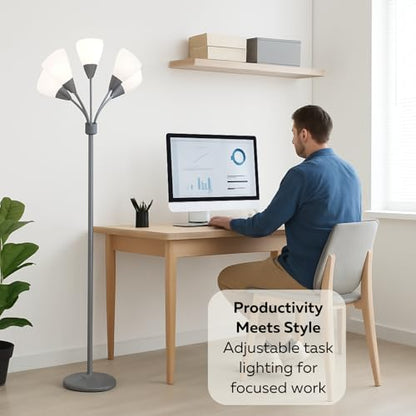 LIGHTACCENTS Medusa 5-Light Floor Lamp – Silver Multi-Head Standing Lamp w/ 5 Adjustable White Acrylic Shades for Bedroom, Living Room, Office, Requires E12 Candelabra-Base LED Bulbs