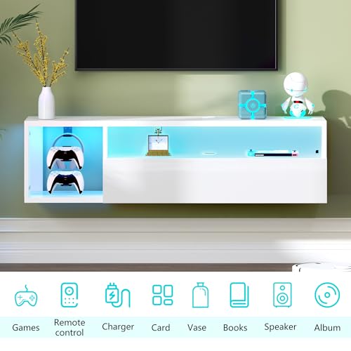 sogesfurniture 39.3'' TV Stand, Floating Entertainment Center with Lights, Modern Media Console with Storage, Wall Mounted LED TV Stand for Living Room, White - size: 39.3''-White