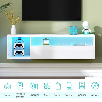 sogesfurniture 39.3'' TV Stand, Floating Entertainment Center with Lights, Modern Media Console with Storage, Wall Mounted LED TV Stand for Living Room, White - size: 39.3''-White