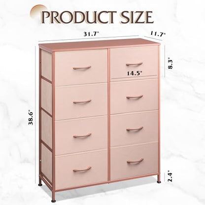 WLIVE Fabric Dresser for Bedroom, Tall Dresser with 8 Drawers, Storage Tower with Fabric Bins, Double Dresser, Chest of Drawers for Closet, Playroom, Dormitory, Pink and Rose Gold | Pink 8-drawer tall storage tower with fabric bins and wood tabletop, brea