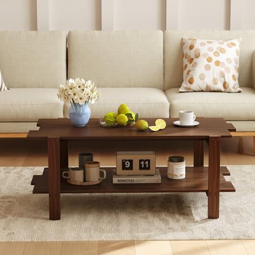 GIANTEX Coffee Table with Storage, 45 Inch Modern Center Table with Slatted Design & Side Rail Support, Rectangular Living Room Table for Small Spaces, Walnut - color: Walnut