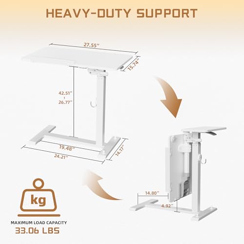 ETHU Foldable Overbed Table with Wheels, Rolling Laptop Standing Desk with Height Adjustable 26.77”-42.51” & Tilting Desktop, Mobile Work Desk for Bedside, Sofa and Home Office Use, White