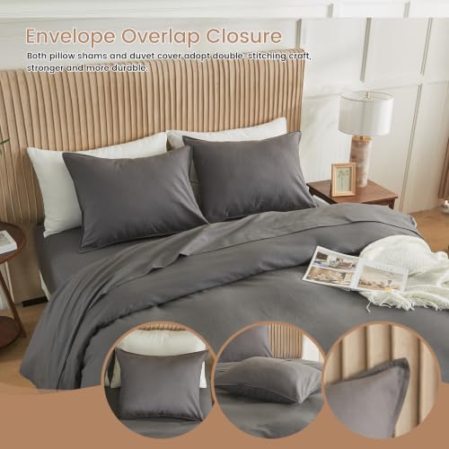 BISELINA French Linen Duvet Cover Set 3pcs with Hidden Zipper Closure Natural Flax Cotton Blend Solid Color Soft Breathable Luxury Farmhouse Bedding - Full Size, Dark Grey - color: Dark Grey, size: Full
