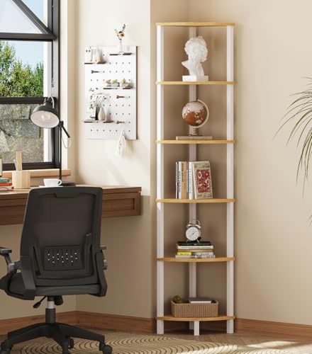 Corner Shelf, 6-Tier Corner Bookshelf, Industrial Corner Ladder Shelf, DIY Storage Shelves, Rustic Display Shelf for Living Room, Bedroom, Kitchen, Home Office, White and Nature Wood Color UJSJ004Q - color: White and Nature Wood, size: 6-Tier without LED