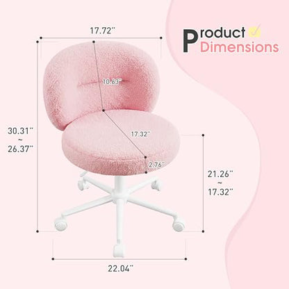 Homkdom Round Vanity Chair with Silent Wheels, 17.32" Wide Seat | Height Adjustable, 360 Swivel & Smooth Rolling, Armless Design for Makeup and Study - Pink - color: Pink