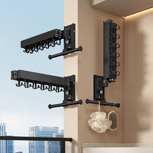 Wall Mounted Collapsible Clothes Drying Rack, Space-Saving Laundry Drying Rack Clothing Hanger, Durable Foldable Design Extends Left, Right & Up for Upgraded Versatility - style: Upgrde-Black Hooks