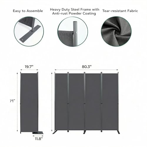 Room Divider 6FT Portable Folding Privacy Screen, 4 Panel Fabric Room Divider Freestanding Room Partition for Bedroom & Office，80" W X 71" H，Gray - color: Grey, size: 4-Panel