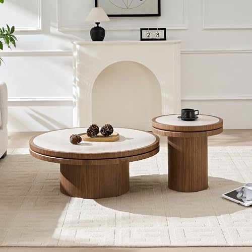 Round Nesting Coffee Table Set of 2 with Sintered Stone Tabletop & Sturdy Base, Modern Circle Center Tables Tea Table for Living Room, Easy Assembly - 35.43" & 19.49", Walnut - color: Nesting Coffee Table With Sintered Tabletop,walnut