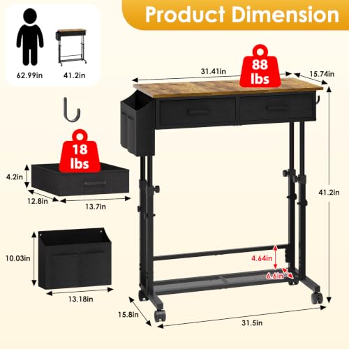 Small Rolling Standing Desk, Height Adjustable Mobile Sturdy Desk with 2 Fabric Drawers & Storage Shelf, Portable Sofa Side Laptop Table for Home Office, Small Spaces, 31.41"" x 15.74"", Rustic Brown - color: Rustic Brown