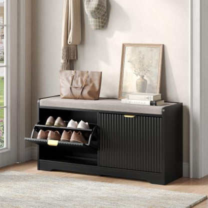 Maupvit 39.4" Fluted Shoe Bench with Storage, Narrow Entryway Bench, Black | with Removable Seat Cushion & 2 Flip-Drawers, Shoe Cabinet Bench, Boho Hidden Shoe Rack for Entrance, Hallway, Living Room - color: Black
