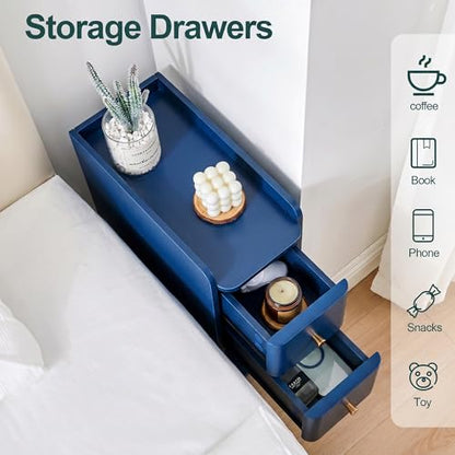 Narrow Nightstand Set of 2, Wooden Small 2 Drawer Nightstand, Slim Side End Table, Skinny Bedside Table, Mid Century Modern Night Stand with Drawers for Bedroom (Blue-1 pc) - color: Blue-1 Pc