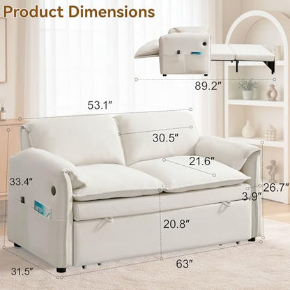 63" 3-in-1 Velvet Convertible Sleeper Sofa Bed, Modern Adjustable Backrest Loveseat Pull Out Couch with USB & Side Pocket, Small Space Love Seat Sofa Bed for Living Room, Bedroom, Beige Velvet - color: Beige