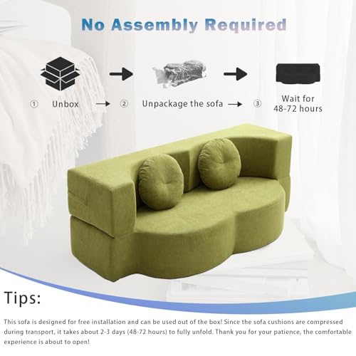 76" Convertible Folding Futon Sofa Bed, Queen Sleeper Sofa with Pillow, Teddy Floor & Futon Loveseat Couch, Foam Folding Mattress Sleeper for Living Room, Guest Use, Apartment, No Assembly (Green) - color: Green