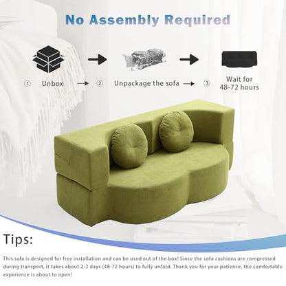 76" Convertible Folding Futon Sofa Bed, Queen Sleeper Sofa with Pillow, Teddy Floor & Futon Loveseat Couch, Foam Folding Mattress Sleeper for Living Room, Guest Use, Apartment, No Assembly (Green) - color: Green