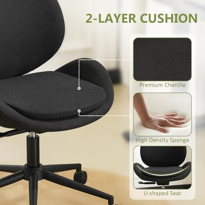 Armless Office Chair with Wheels, Luxury Chenille Swivel Desk Chair with Ergonomic Curved Teardrop Back, Double-Layer Seat, Adjustable Modern Vanity Chair for Makeup, Home Office, Black - color: Black, size: Teardrop Back