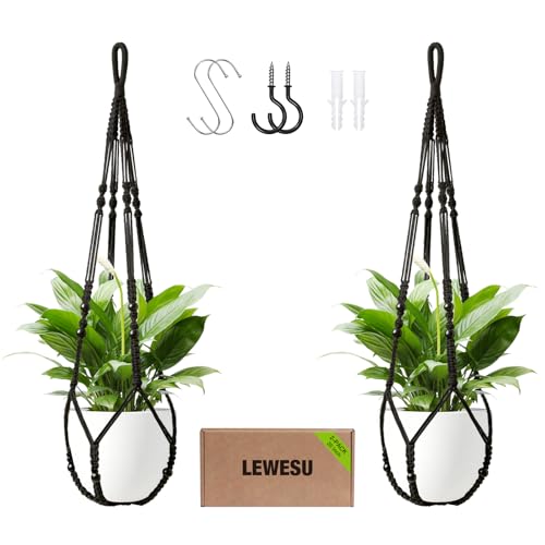 LEWESU Macrame Plant Hanger Indoor Set of 2 with 4 Hooks, Indoor Outdoor Hanging Planter for Plants Holder with Decorative Wood Beads & No Tassels, Boho Home Decor, 35 Inch Black (Pots Not Included) - color: Black, size: 35" Set of 2