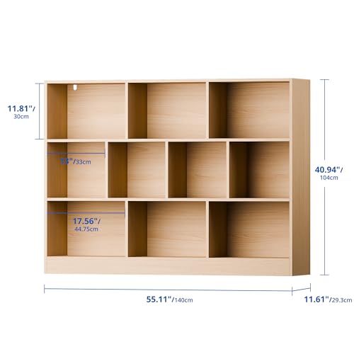 Oak Bookshelf, 3-Tier Open Shelf Bookcase, 10 Cube Storage Organizer with Anti-Tilt Device for Bedroom, Living Room, 55.11" W x 11.61“D x 40.94“H - color: Oak, size: 55.11"W x 40.94"H