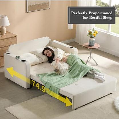Krcix 3 in 1 Pull Out Couch, 56" Velvet Sofa Bed, Convertible Sleeper Sofa | Loveseat Sleeper for Living Room, Small Space-Saving, Family Couch Bed with USB, Cup Holder, Beige White - color: Beige White