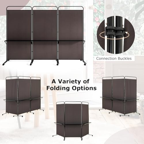 Giantex 3 Panel Room Divider with Wheels and Shelves, 103" W x 74" H Folding Privacy Screen, Rolling Partition Separator for Home Office Studio, Fabric Wall Divider for Room Separation (Brown) - color: Brown