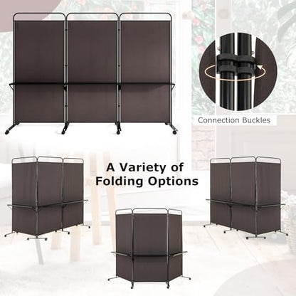 Giantex 3 Panel Room Divider with Wheels and Shelves, 103" W x 74" H Folding Privacy Screen, Rolling Partition Separator for Home Office Studio, Fabric Wall Divider for Room Separation (Brown) - color: Brown