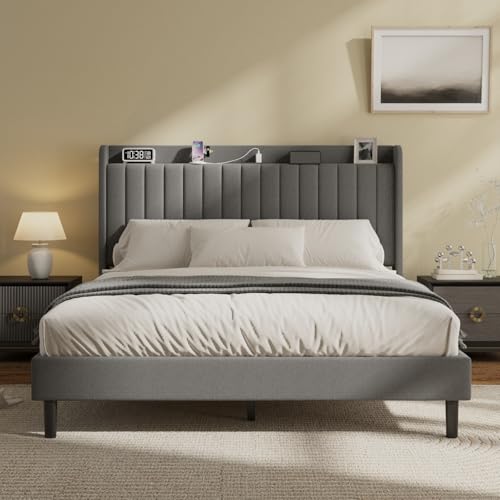 Queen Linen Bed Frame with Storage Headboard & Charging Station | Vertical Channel Tufted, Mattress Non-slip Design, No Box Spring Needed, Noise-Free, Easy Assembly, Sturdy, Wingback - color: Grey, size: Queen