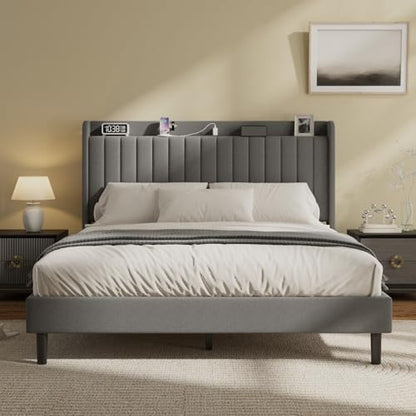 Queen Linen Bed Frame with Storage Headboard & Charging Station | Vertical Channel Tufted, Mattress Non-slip Design, No Box Spring Needed, Noise-Free, Easy Assembly, Sturdy, Wingback - color: Grey, size: Queen