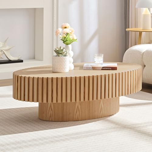 JUSTONE 43.31 Inch Oval Coffee Table, Farmhouse Wood Farmhouse Style with Handcrafted Relief & Circle Drum Design for Living Room & Apartments, 43.31x13.78 Inches (Oak) - color: 43.3'' Oval - Oak