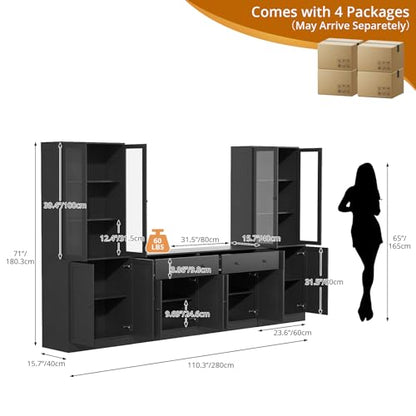 TUSY 71" TV Stand Storage Set, Black, AEEA | 2 Tall Bookcases & 2 Side Cabinets, Media Console with Glass & Wood Doors, Entertainment Center with Drawers - color: Black