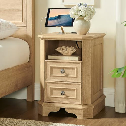 T4TREAM Farmhouse Nightstand with Charging Station, 18" End Table with 2 Drawers, Wood Side Table, Bedside Cabinet for Bedroom, Living Room (Natural Oak) - color: Natural Oak
