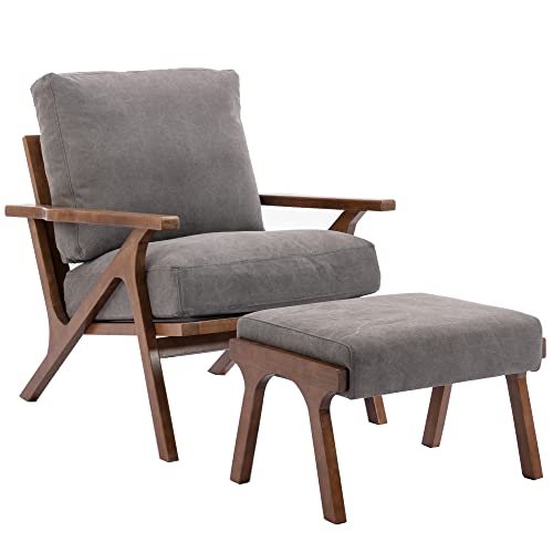 chairus Mid-Century Modern Accent Chair with Ottoman, Comfy Upholstered Lounge Armchair with Removable Cushions & Solid Wood Frame, Reading Chair for Living Room Bedroom Office, Grey Denim Fabric